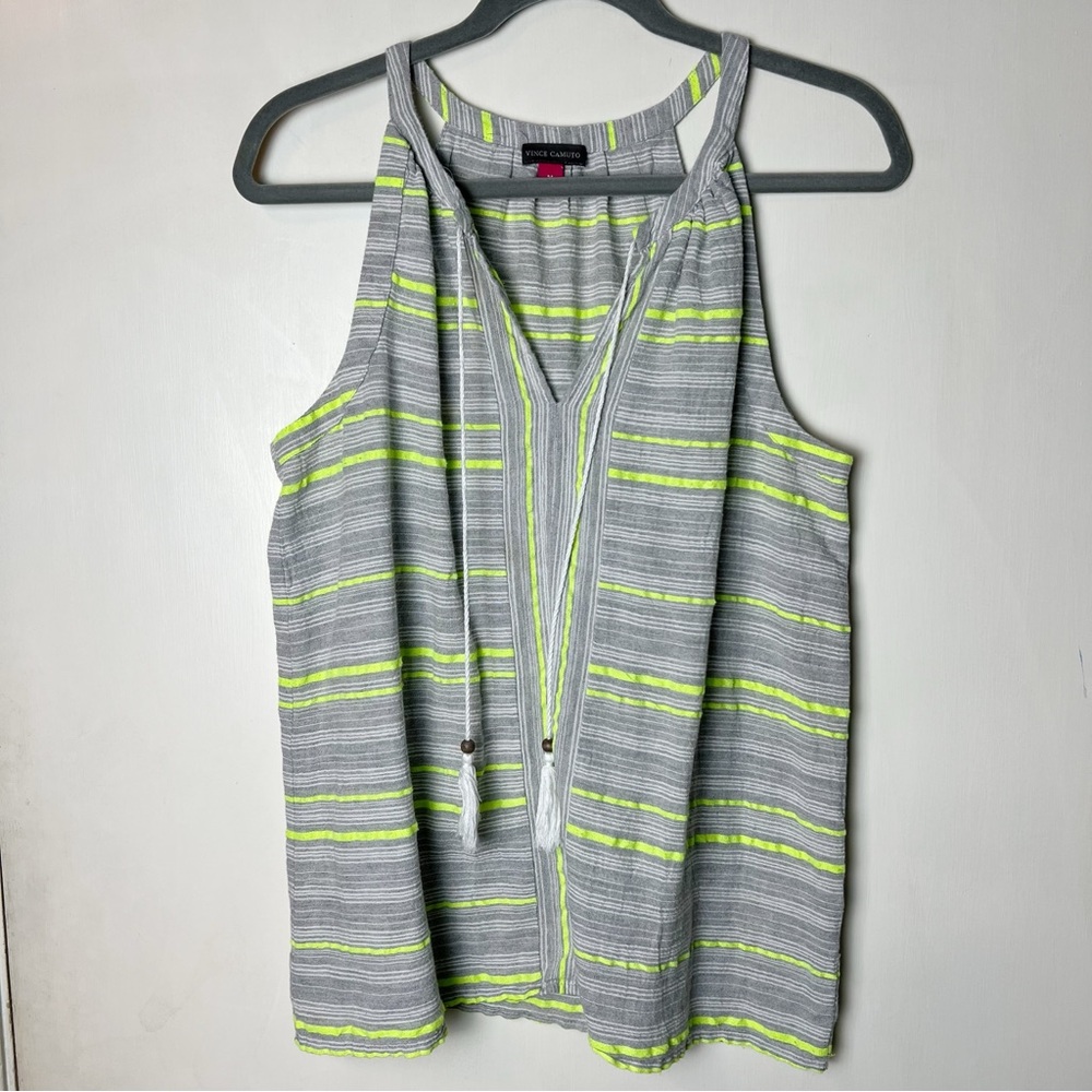 Vince Camuto - Women’s Striped Tank Top‎ Gray Neon Yellow Tassels - Sz. M